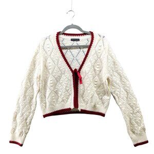 Shein Tie Front Cable Knit Cardigan Womens M Ivory Red Bow Cottagecore Prairie